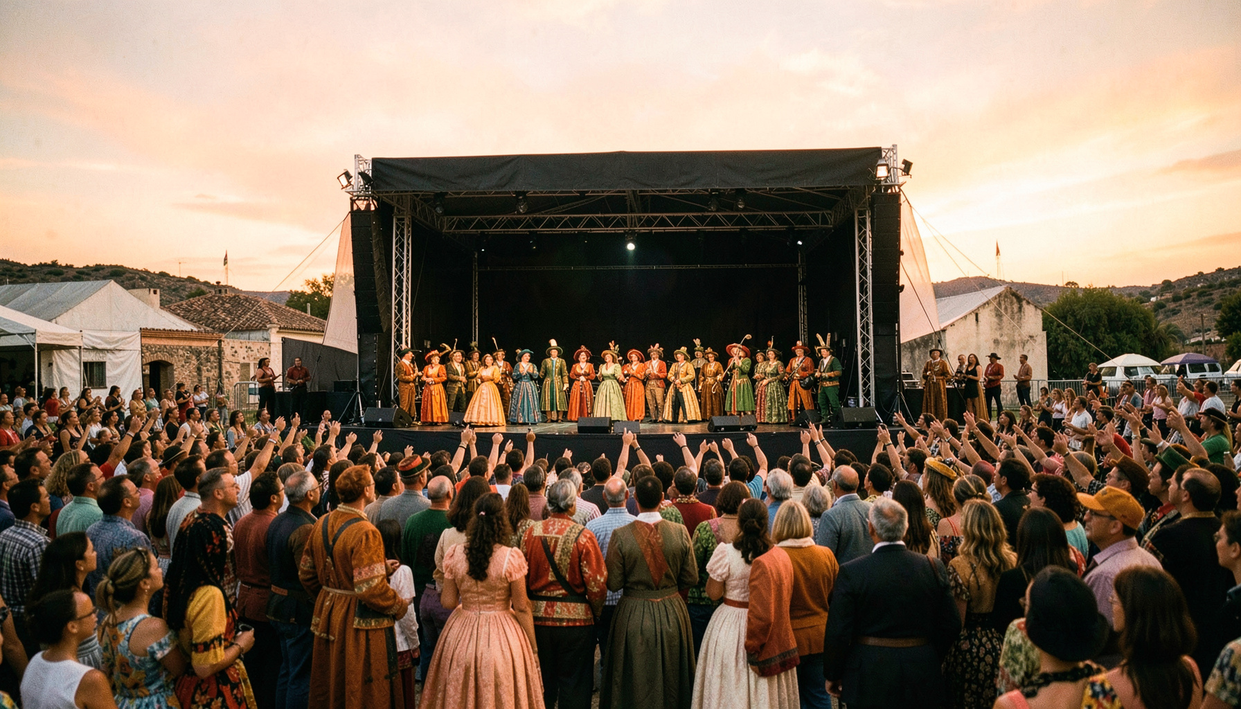 Vista ampla de um palco ao ar livre em Faro durante o festival, com dezenas de artistas em trajes folclóricos coloridos, sob céu azul claro, ambiente festivo e comunitário