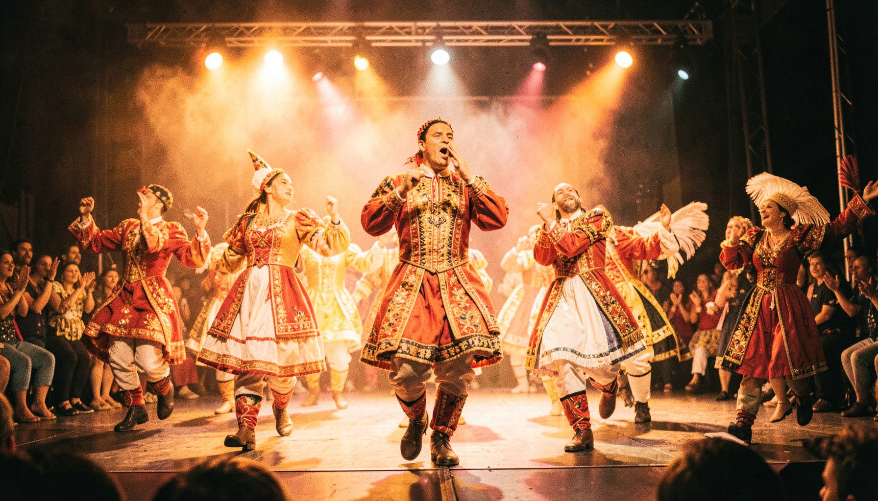 Dançarinos folclóricos em palco iluminado por luzes quentes, com trajes tradicionais vibrantes em tons de vermelho e dourado, ambiente caloroso e celebratório